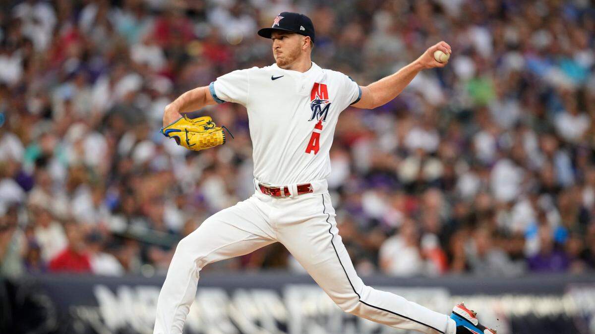 National League’s Trevor Rogers, of the Miami Marlins, throws during the fifth inning of the MLB All-Star baseball game, Tuesday, July 13, 2021, in Denver.
