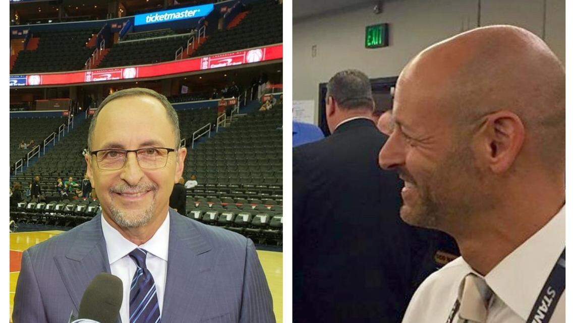 Miami Heat TV voice Eric Reid (left) and Florida Panthers TV voice Steve Goldstein (right).