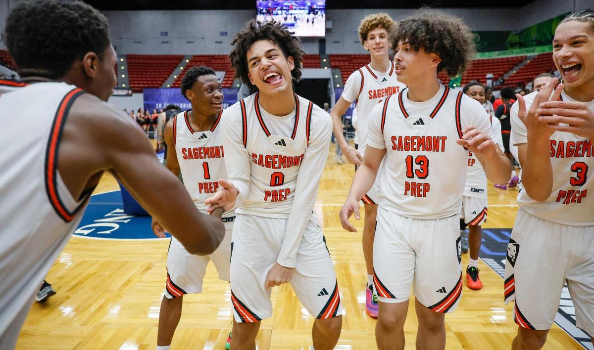 Sagemont’s Jayson Negrin (0) reacts as he celebrates with teammates on the court after defeating Victory Christian Academy during boy’s 1A basketball State Final of the Florida High School State Championships at the RP Funding Center in Lakeland, Florida on Thursday, February 27, 2025.