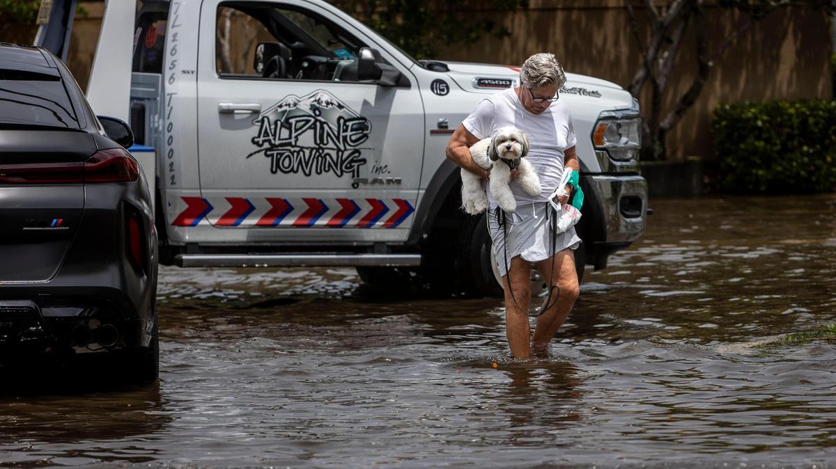 A man carries his dog as he walks by a disabled vehicle in the corner of Northeast 191st street and 28th Avenue in Aventura on April 24, 2023.