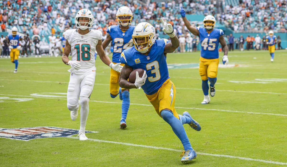 Los Angeles Chargers free safety Derwin James (3) reacts after intercepting a pass from Miami Dolphins quarterback Tua Tagovailoa (1) in the second half of their NFL game at Hard Rock Stadium on Sunday, Oct. 12, 2025, in Miami Gardens, Fla.