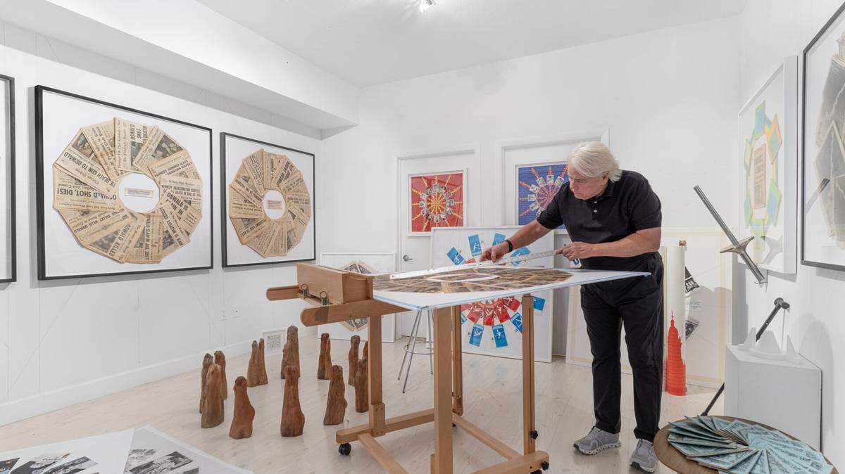 As a collector, arts executive and philanthropist, Dennis Scholl gave his support to practicing artists. Now, he has his own artistic practice, shown above, working in his Miami Beach studio. His first U.S. solo exhibition opens on Saturday, March 15 at the Piero Atchugarry Gallery in Miami.