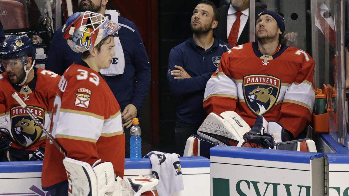 Florida Panthers goalies Sergei Bobrovsky (72) and Sam Montembeault (33) looks from the bench during the third period of an NHL regular season hockey game against the Philadelphia Flyers at the BB&T Center on Thursday, February 13, 2020 in Sunrise.