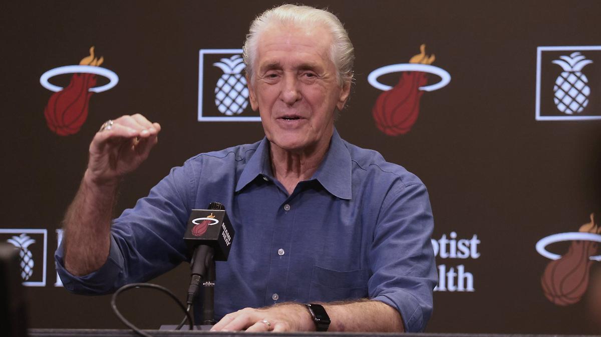 Heat president Pat Riley speaks during the season-ending press conference in the FTX Arena Media Interview Room on Monday, June 6, 2022.