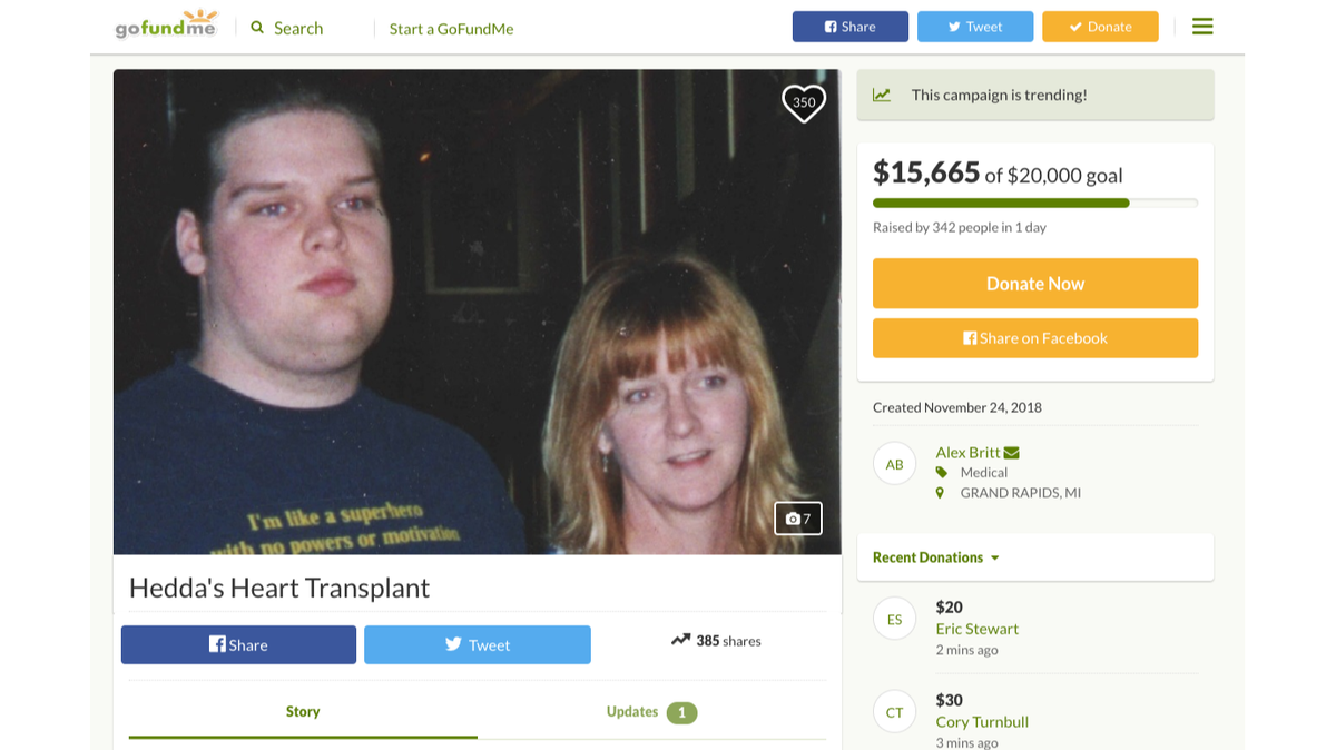 Hedda Martin, a Grand Rapids, Michigan, woman who needs a heart transplant, says she shared a letter from Spectrum Health saying she needs to fundraise $10,000 before she can be put on a list for the operation.