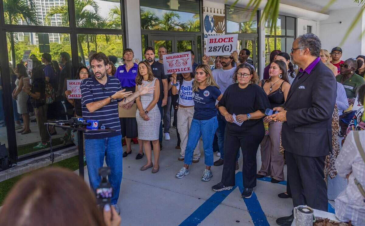 Residents and activists gathered outside of city hall ahead of a Miami City Commission meeting to speak against the 287(g) agreement with ICE that the city commission voted in favor to entered into last year, on Thursday June 25, 2026.
