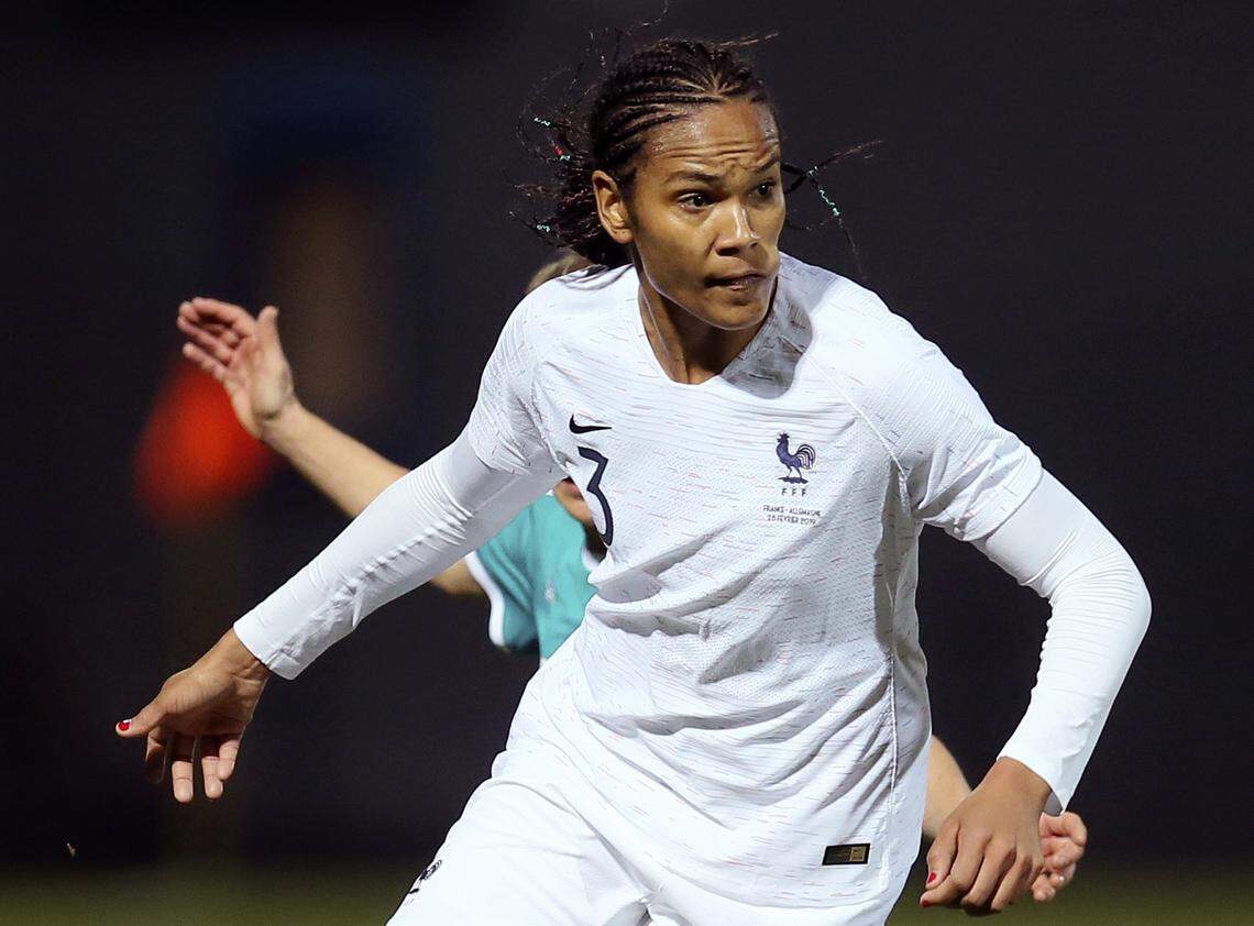 France’s Wendie Renard controls the ball during their women’s international friendly soccer match against Germany at Francis-le-Basser stadium in Laval, western France. With an experienced side featuring seven players from the Lyon side which recently won the Champions League for the fourth straight year, host France will be among the favorites for the Women’s World Cup. Among the seven Lyon players coach Corinne Diacre can count on are imposing center half Wendie Renard and midfield schemer Amandine Henry, who will captain France.