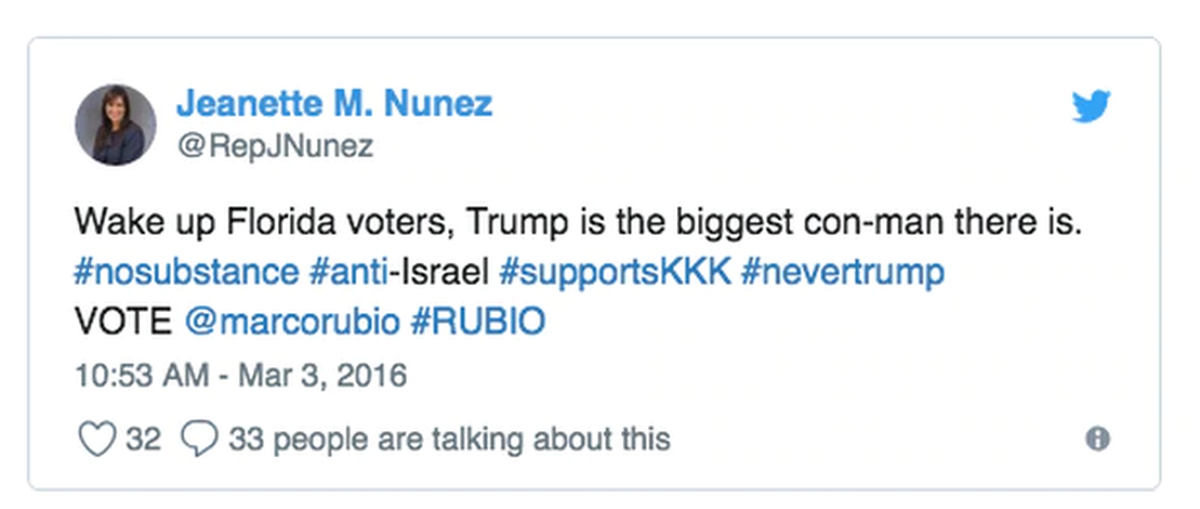 In 2016, Lieutenant Gov. Jeanette Núñez was a supporter of U.S. Sen. Marco Rubio for president as he faced Donald Trump for the Republican primary. On Tuesday, Núñez was featured at the Republican National Committee with a pre-recorded speech preceding the president’s wife.