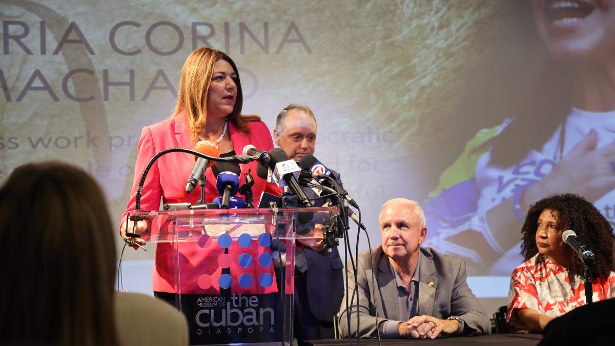 Madeline Pumariega speaks at the event celebrating Maria Corina Machado winning the Nobel Peace Prize.The American Museum of the Cuban Diaspora, led by President Marcell Felipe, held a conference celebrating  Machado.