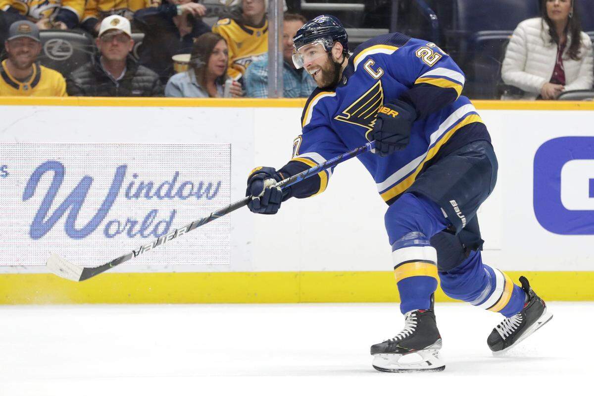 FILE  - In this Feb. 16, 2020, file photo, St. Louis Blues defenseman Alex Pietrangelo plays against the Nashville Predators in the first period of an NHL hockey game, in Nashville, Tenn. The NHL is embarking on a free agent period like never before in hockey history. Defensemen Alex Pietrangelo and Torey Krug and winger Taylor Hall headline a talented free agent class. (AP Photo/Mark Humphrey, File)
