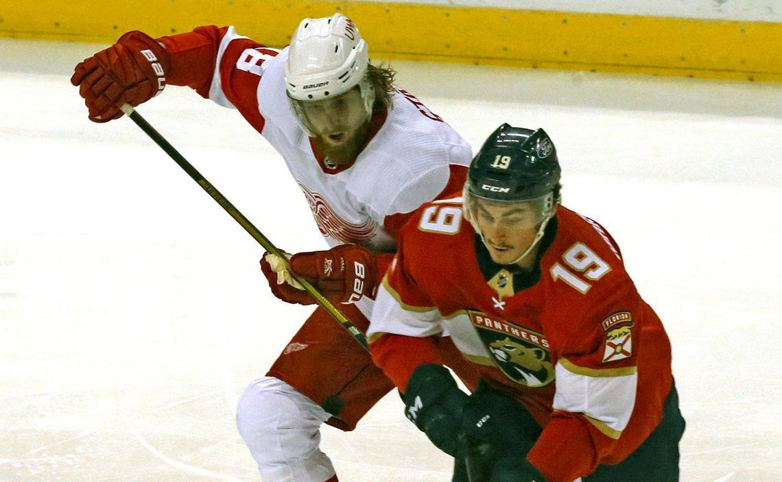 Florida Panthers Mason Marchment (19) Detroit Redwings Marc Staal (18) in the first period at the BB&T Center in Sunrise, Florida, Sunday, February 7, 2021.