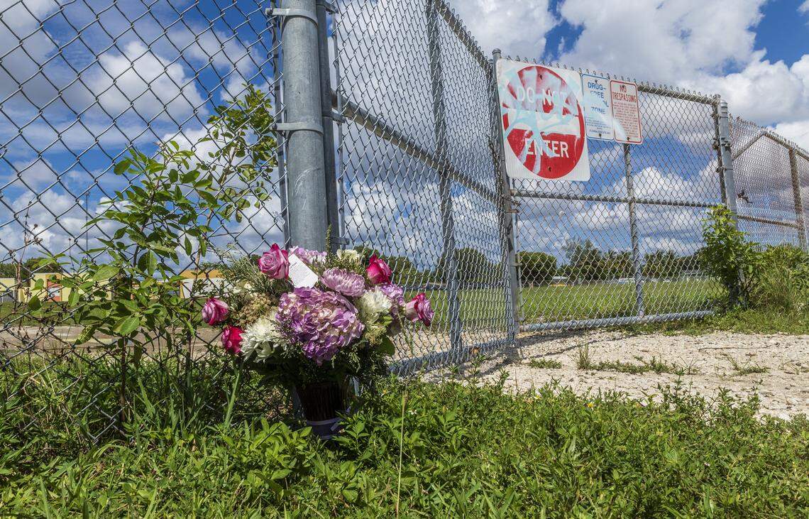 Flowers laid by the family of Doreen Broadbelt, who was killed in an apparent dog attack that occurred in the area of Northwest 14th Court and Northwest 196th Terrace, in Miami Gardens as she was walking to her job at Walmart, on Labor Day, on Tuesday September 02, 2025.