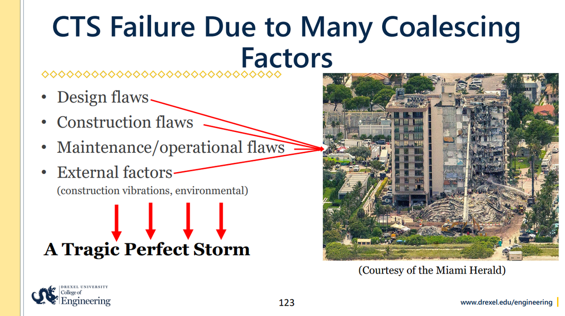 Abi Aghayere, a professor at Drexel University’s College of Engineering, presented his conclusion about what caused the 2021 Champlain Towers South collapse in Surfside to federal investigators on Sep. 19, 2022.