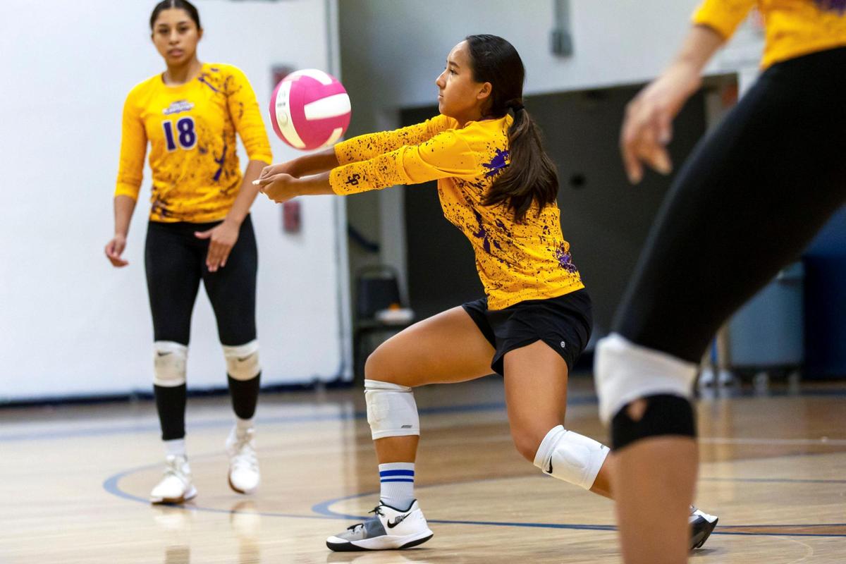 South Plantation sophomore Cyan Long (2) blocks a serve during the BCAA Big 8 Championship against St. Thomas Aquinas at Pompano Beach High in Pompano Beach, Florida, on Thursday, October 13, 2022.