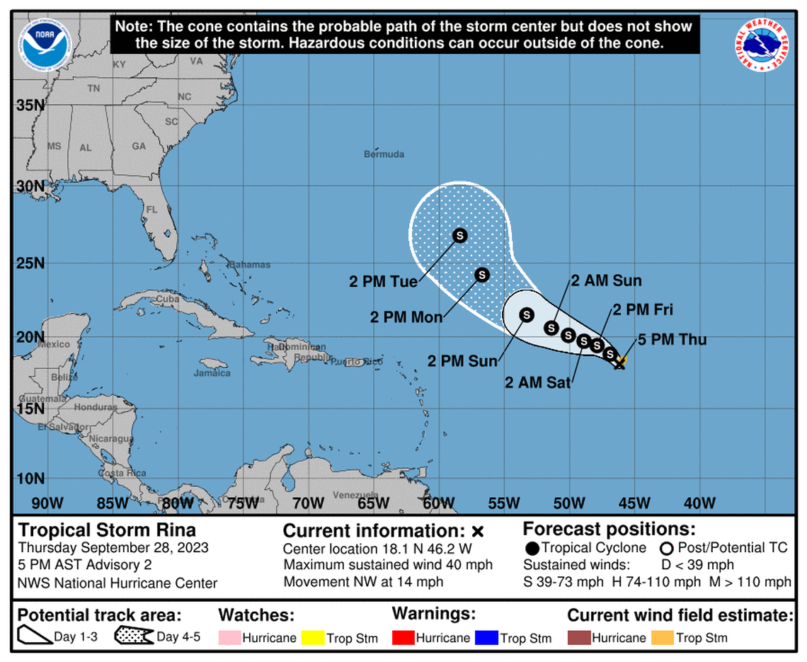 Tropical Storm Rina’s forecast map on Sept. 28, 2023.
