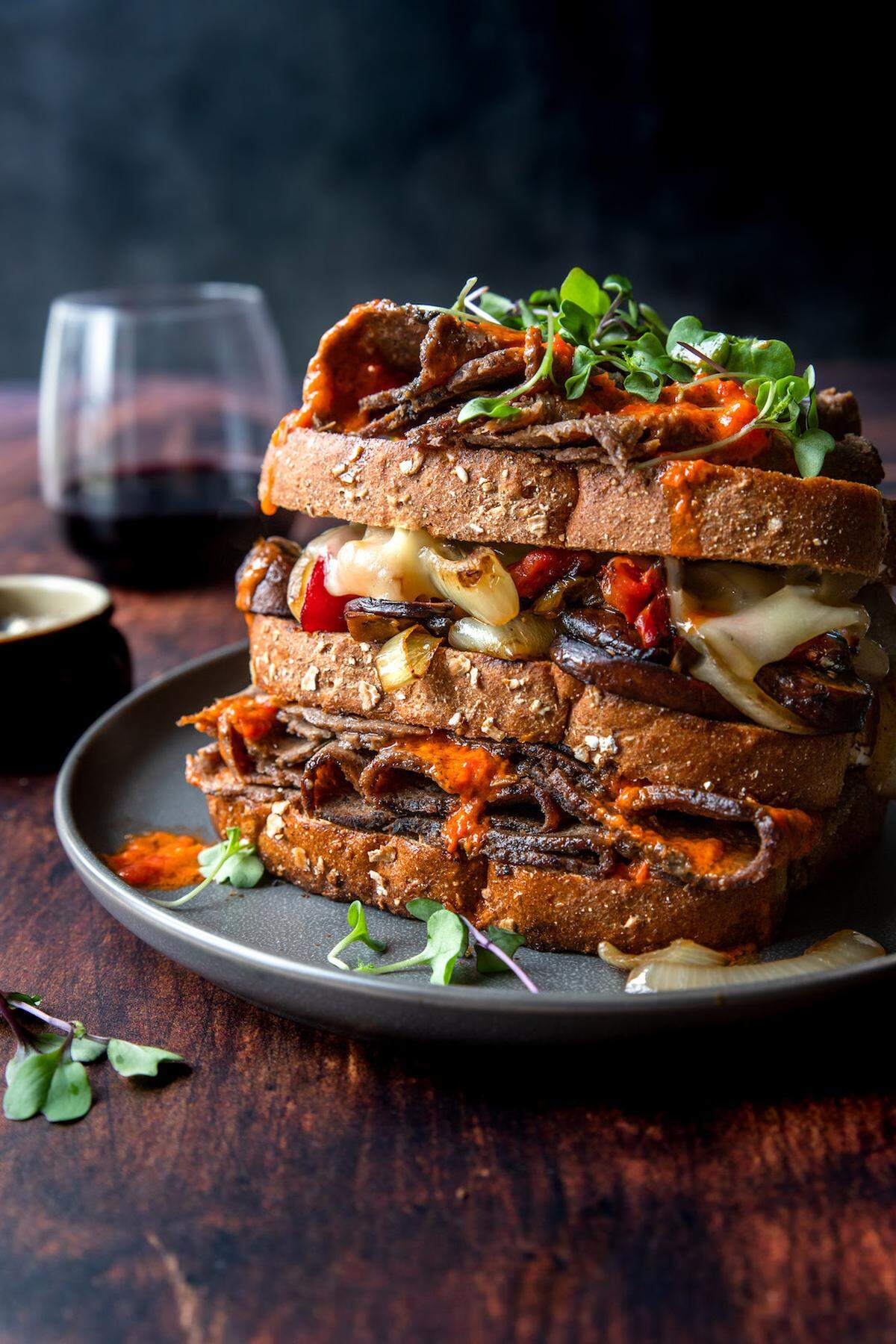 A stacked Mrs. Goldfarb’s Unreal Deli sandwich.