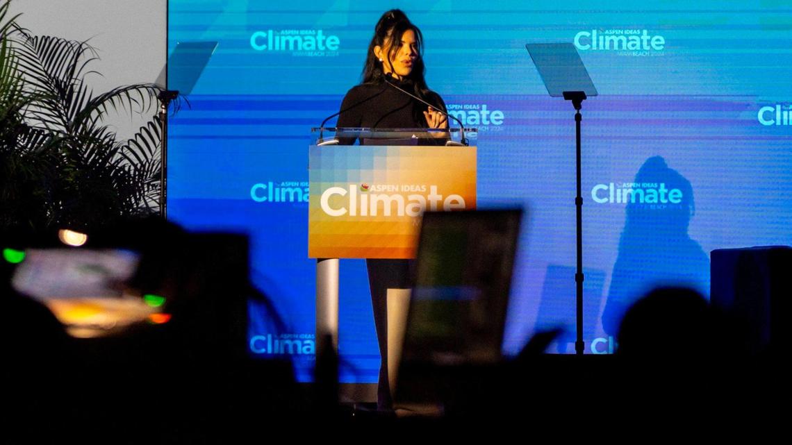 Lauren Sanchez speaks to the audience during the Aspen Climate Conference at Miami Beach Convention Center in Miami Beach, Florida, on Tuesday, March 12, 2024.