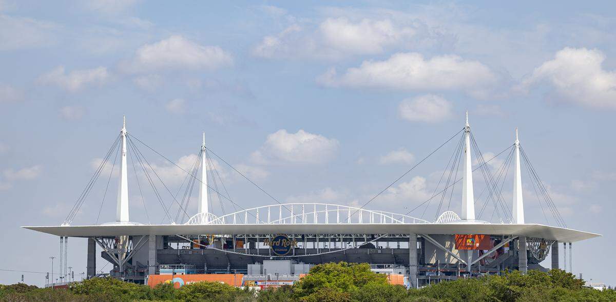 An exterior view of Hard Rock Stadium from the Miami Gardens City Hall on Wednesday, March 25, 2026, in Miami Gardens, Fla.