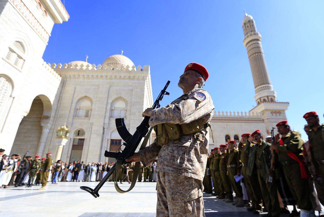 Yemeni soldiers attend the funeral of pro-Houthi fighters killed in battles in Yemen, on November 24, 2020 in the capital Sanaa’s al-Saleh mosque. (Photo by MOHAMMED HUWAIS/AFP via Getty Images)