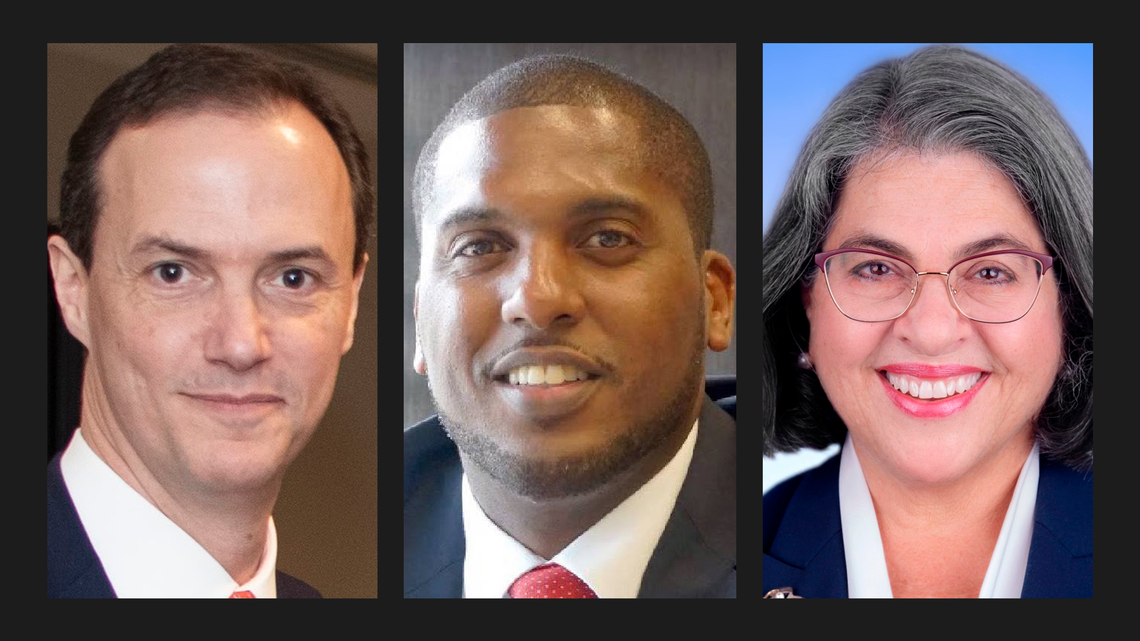 Jeff Pitts (left), former CEO of political consulting firm Matrix, used funds from Florida Power & Light to back political unknown Johnathan Burke (center) in his bid to unseat Daniella Levine Cava (right) from the Miami-Dade County Commission in 2018.