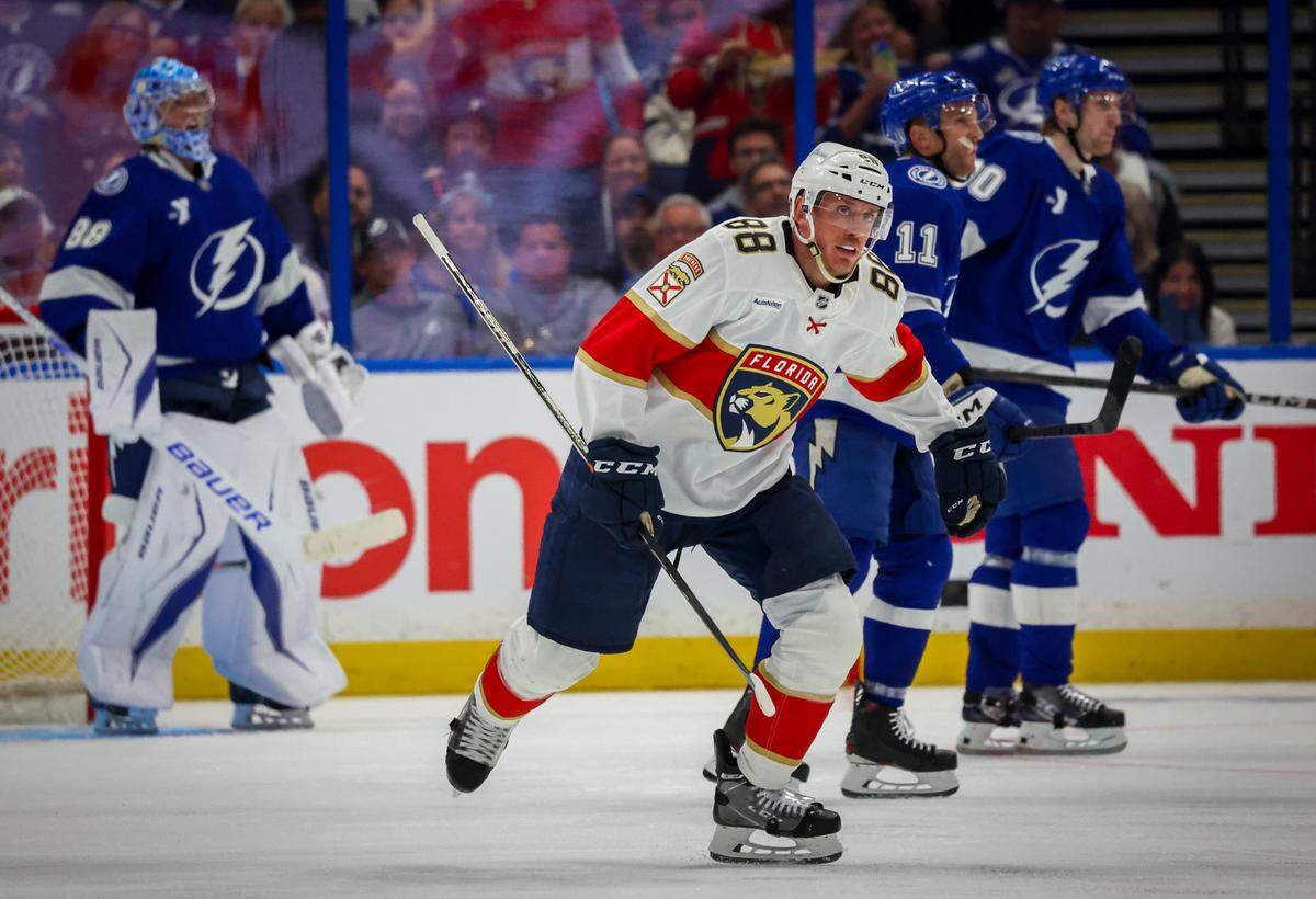 Florida Panthers defenseman Nate Schmidt (88) skates to the bench after scoring a power play goal against the Tampa Bay Lightning in the third period in Game 1 in the first round of the Stanley Cup Playoffs Tuesday, April 22, 2025 in Tampa.