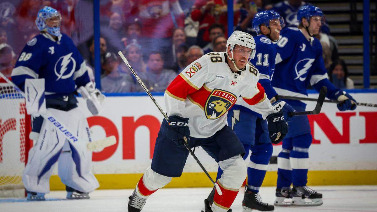 Florida Panthers defenseman Nate Schmidt (88) skates to the bench after scoring a power play goal against the Tampa Bay Lightning in the third period in Game 1 in the first round of the Stanley Cup Playoffs Tuesday, April 22, 2025 in Tampa.