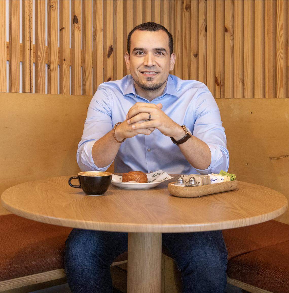 Hector Mujica, a Miami Democrat who is launching a campaign for U.S. Senate in Florida, visits one of his favorite eateries in Miami's Upper East Side, Caracas Bakery, on Friday, October 10, 2025.