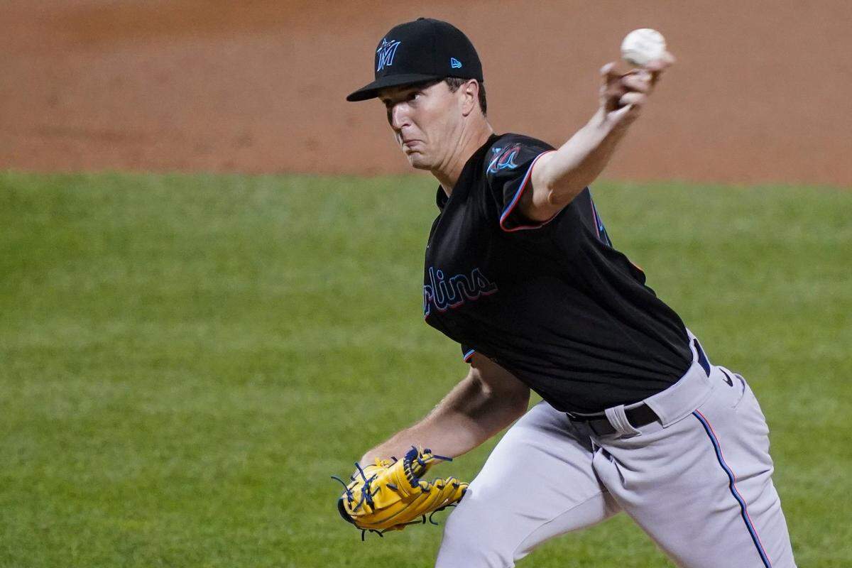 Miami Marlins starting pitcher Trevor Rogers throws during the first inning during the second baseball game of a doubleheader against the New York Mets, Tuesday, Aug. 25, 2020, in New York. Rogers made his debut in the majors.
