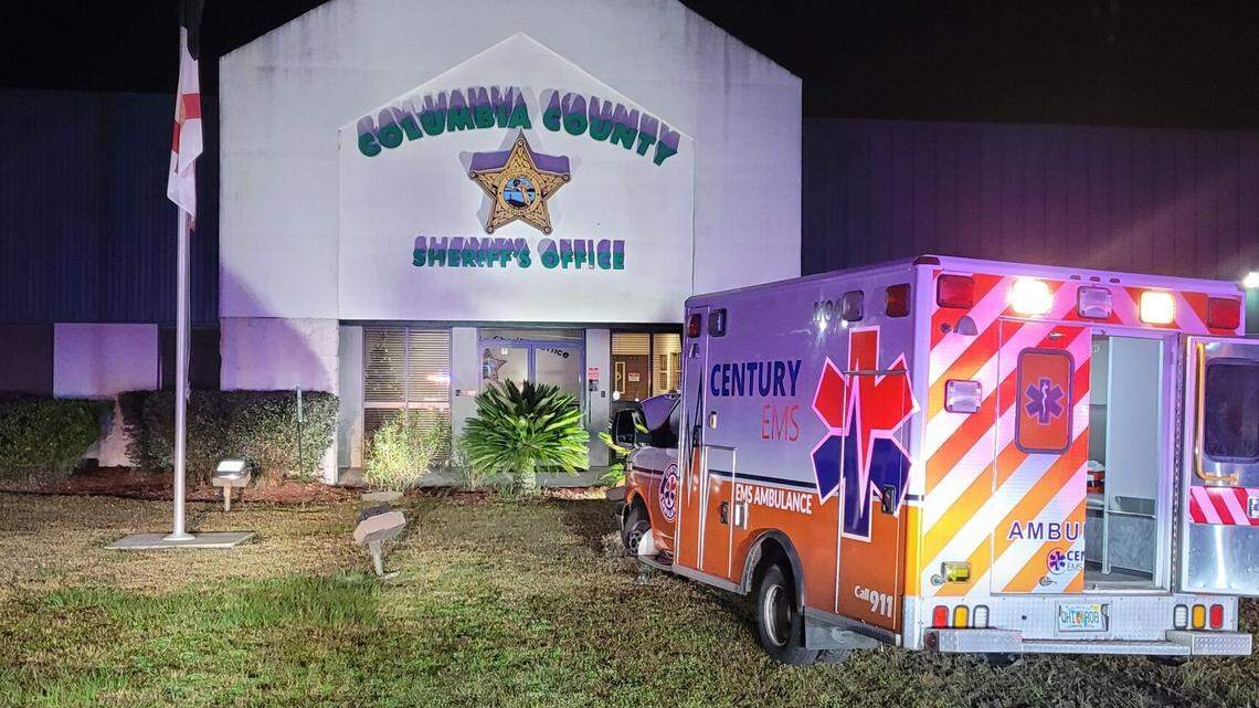An unusual police chase involving a stolen ambulance got even more improbable when it crashed outside a a Florida sheriff’s office, investigators say.