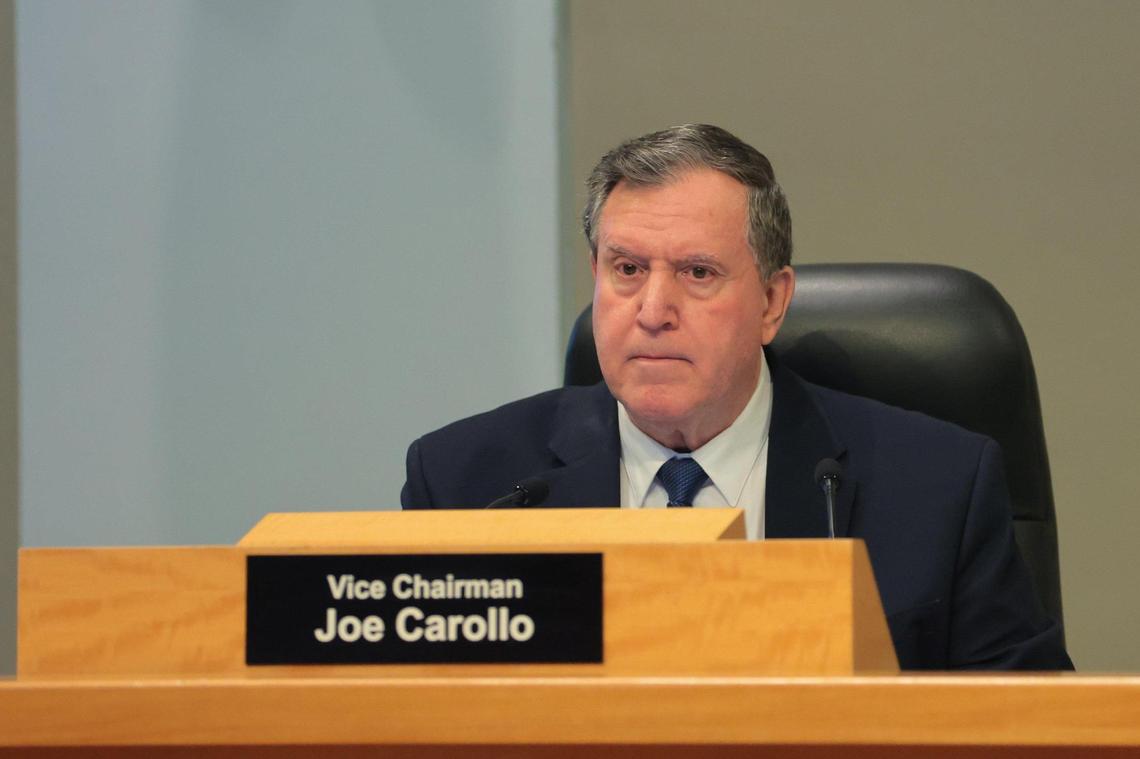 Miami City Commissioner Joe Carollo listens to public comments during a commission meeting at Miami City Hall on Thursday, April 10, 2025.