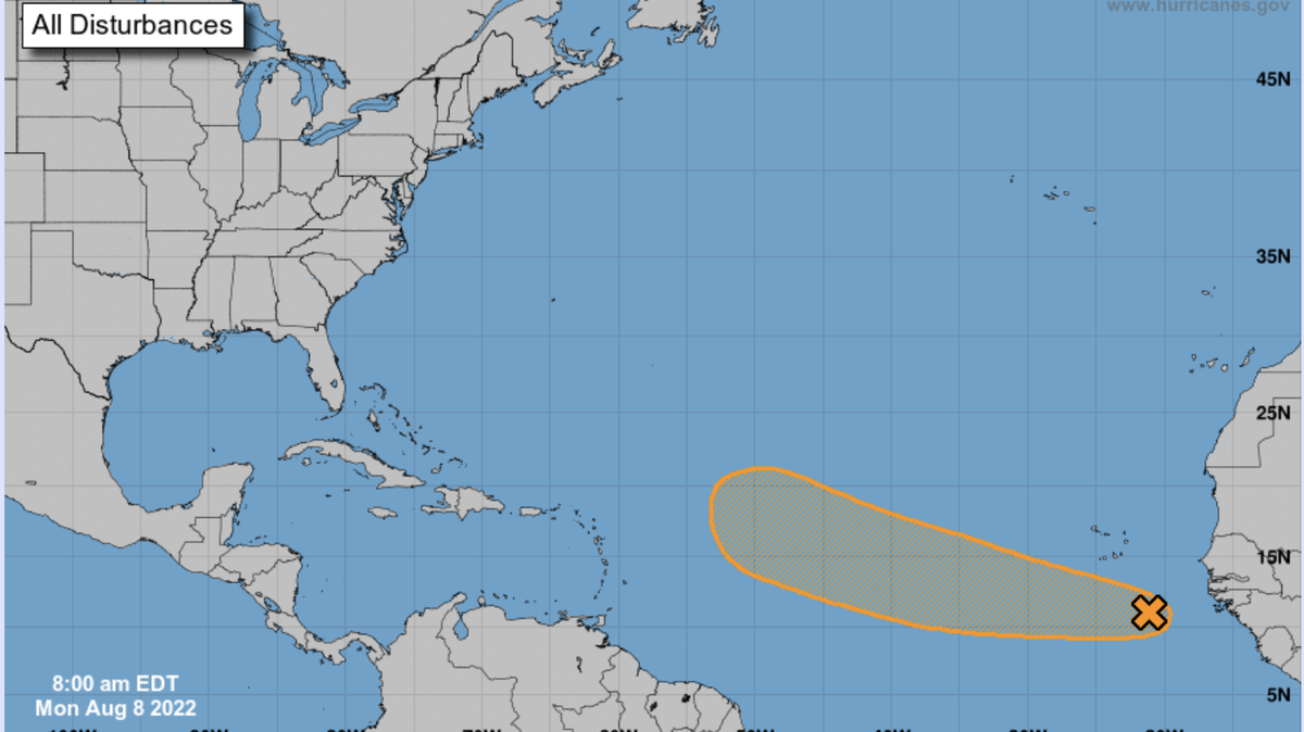 A disturbance in the Atlantic has a 20% chance of formation in the next 48 hours and a 40% chance through the next five days, according to the National Hurricane Center.