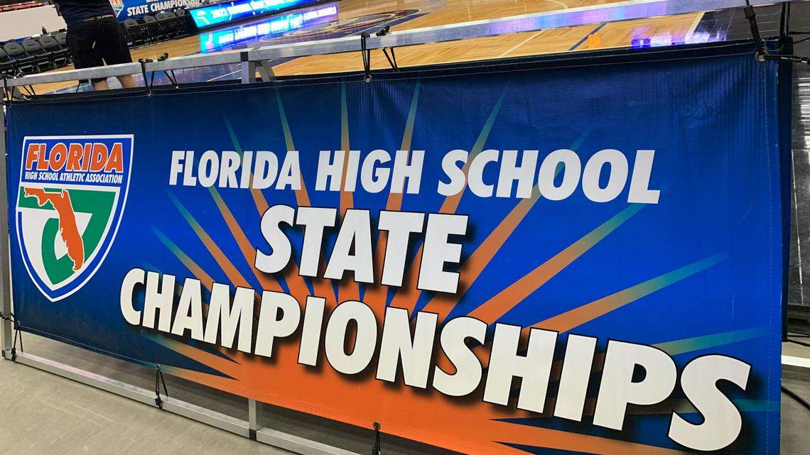 A banner for the FHSAA 2022 girls’ basketball state championship in Lakeland, Florida.