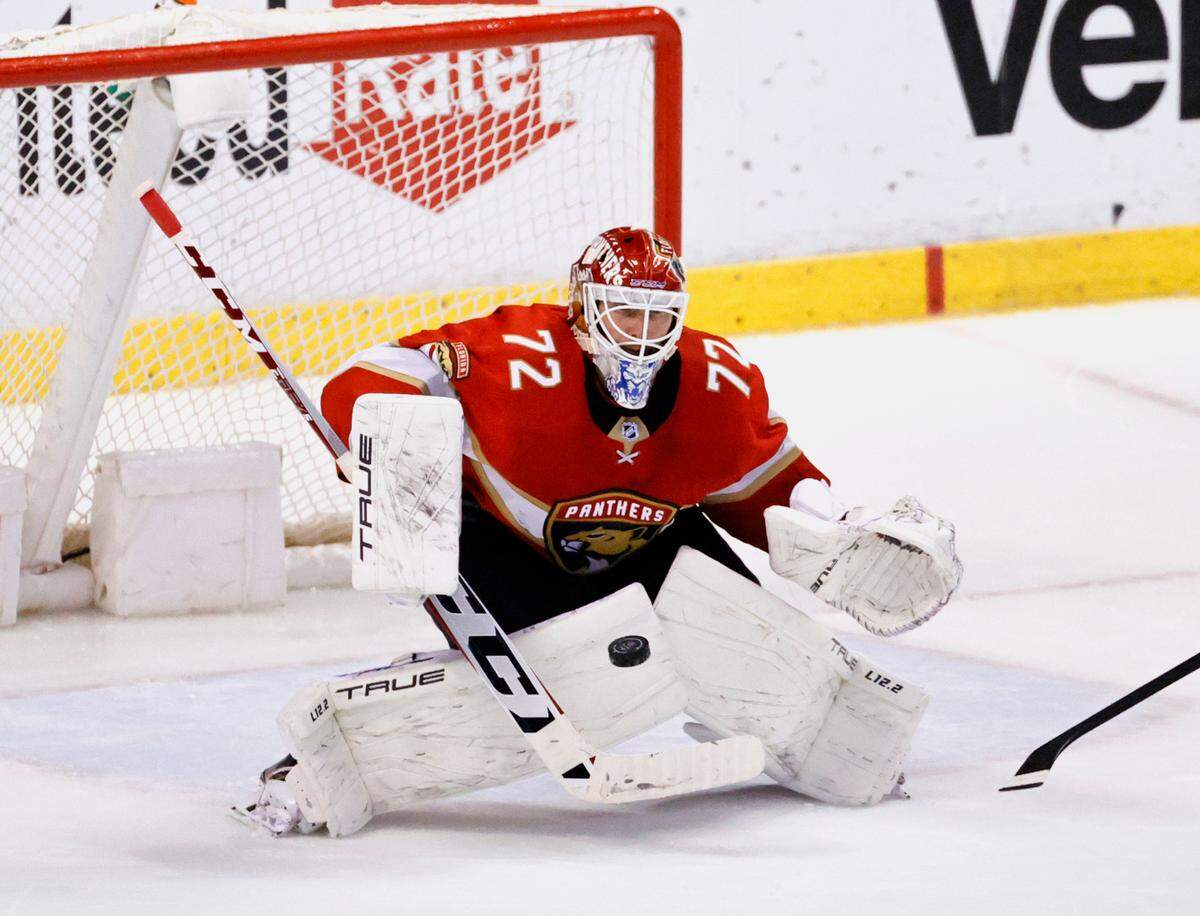 Florida Panthers goaltender Sergei Bobrovsky (72) makes a save against the Dallas Stars during the second period of an NHL game at the FLA Live Arena on Friday, January 14, 2022 in Sunrise, Fl.