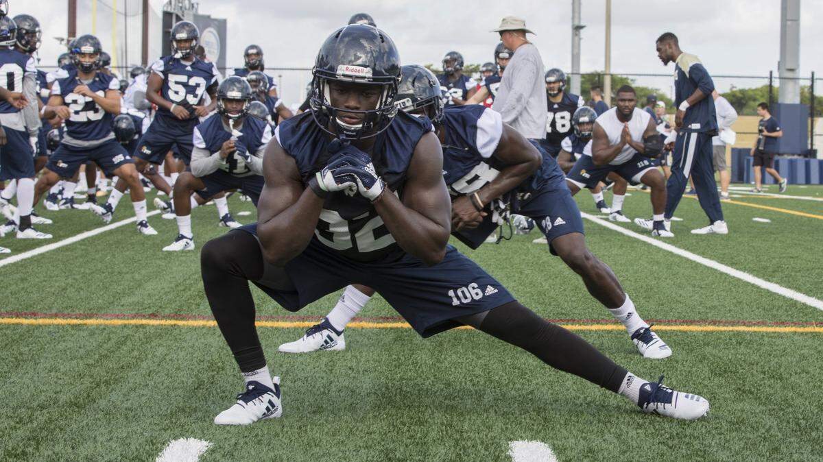 Florida International University Panthers defensive back Rod Sylvestre (32) participates in a drill during the team’s first practice of the 2018 season at FIU’s on-campus practice field in Miami Fla. on Friday, August 3, 2018.