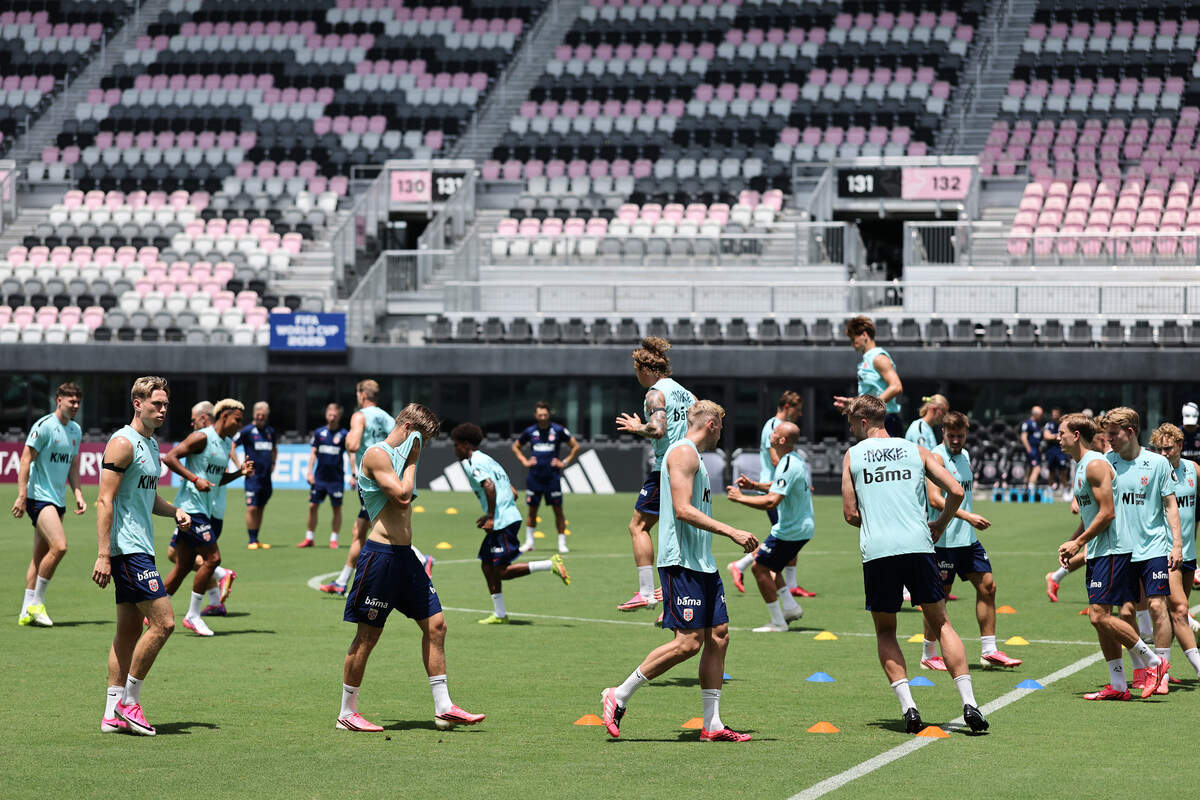 FORT LAUDERDALE, FLORIDA - JULY 08: Norway trains during the training and press conference ahead of the FIFA World Cup 2026 match between England and Norway at Inter Miami CF Stadium on July 08, 2026 in Fort Lauderdale, Florida.  (Photo by Carmen Mandato/Getty Images)