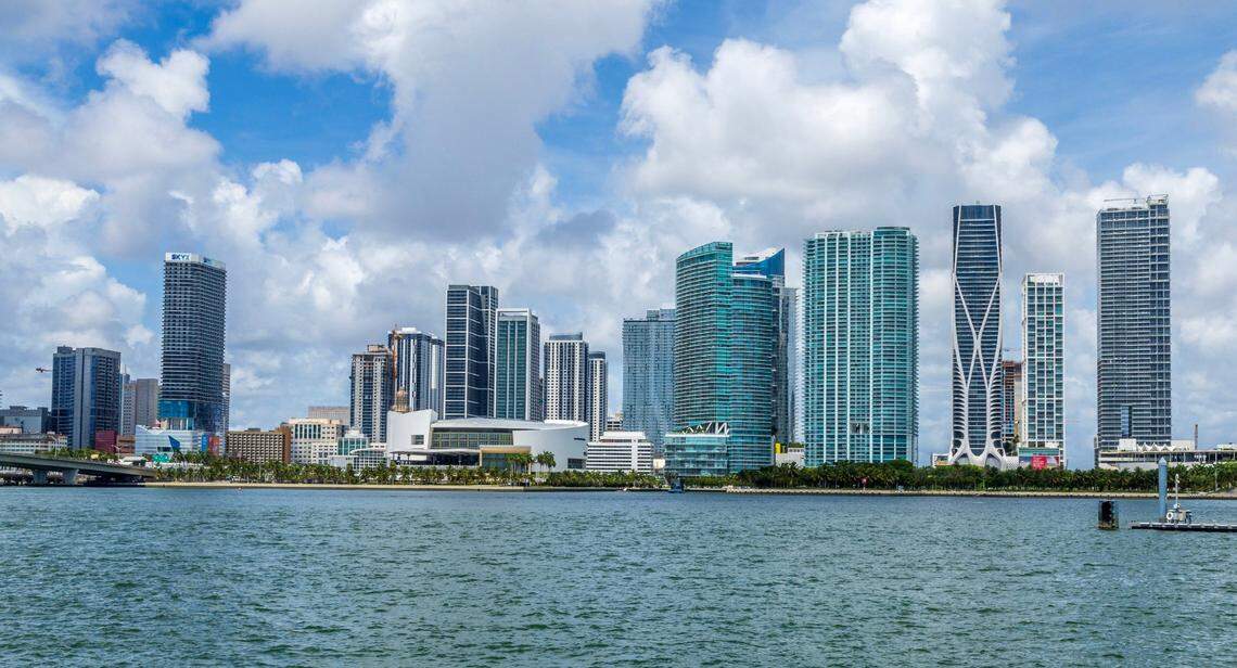 View of the downtown Miami skyline, including the Kaseya Center, from Watson Island on Wednesday, July 31, 2024.