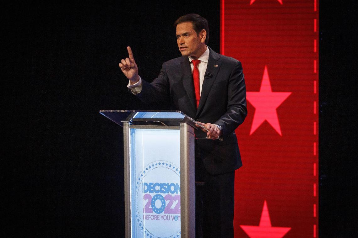 Sen. Marco Rubio (R-FL) participates in a debate with U.S. Rep. Val Demings (D-FL) at Duncan Theater an the campus of Palm Beach State College in Palm Beach County, Fla., on Tuesday, October 18, 2022. (Thomas Cordy/The Palm Beach Post/Pool)
