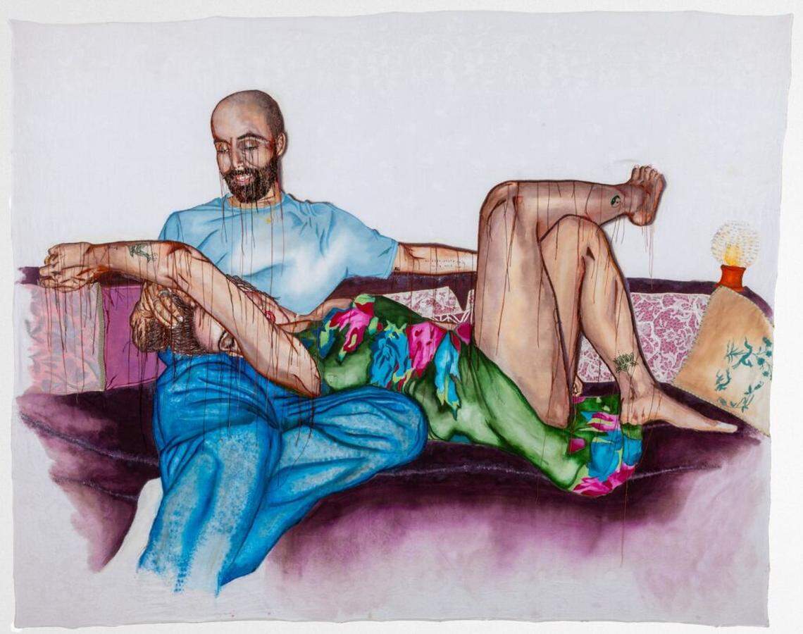 “Before they became an outline”, Ink, acrylic, hand embroidery, applique on vintage textile, 2025, 73.5″ x 90″ x 2″ framed