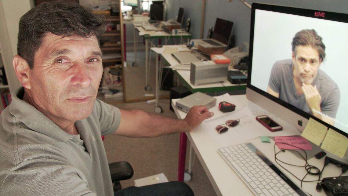 Claudio Rojas (pictured right) on set of The Infiltrators. Pictured on the right is the actor playing his character.