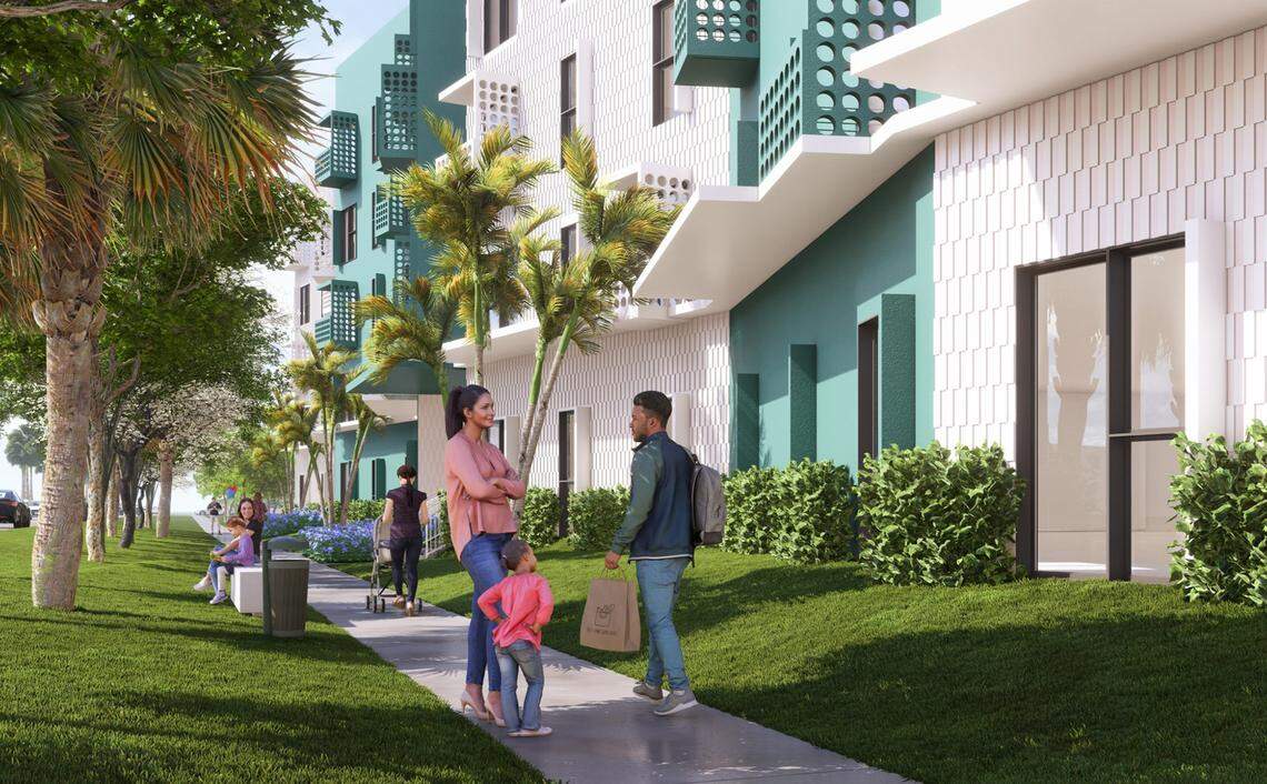 The colorful, undulating face of a planned affordable-housing development in Homestead designed by Fort Lauderdale architect Margi Glavovic Nothard features shading canopies, balconies and greenery for a pedestrian-friendly feel.