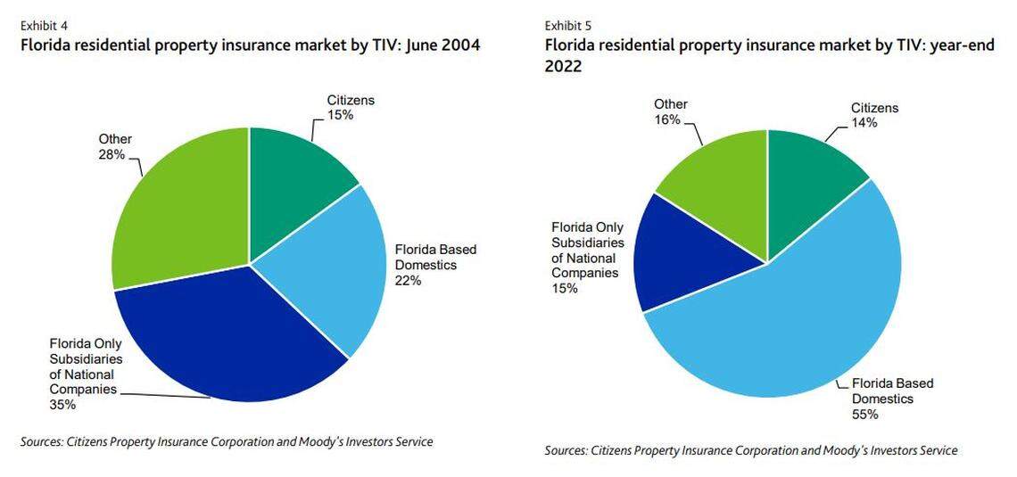 This chart from Moody’s Investors Service shows the rise of “Florida-based domestic” insurers, which are smaller, Florida-specific insurance companies that don’t have as much cash to fall back on as their larger, national peers.