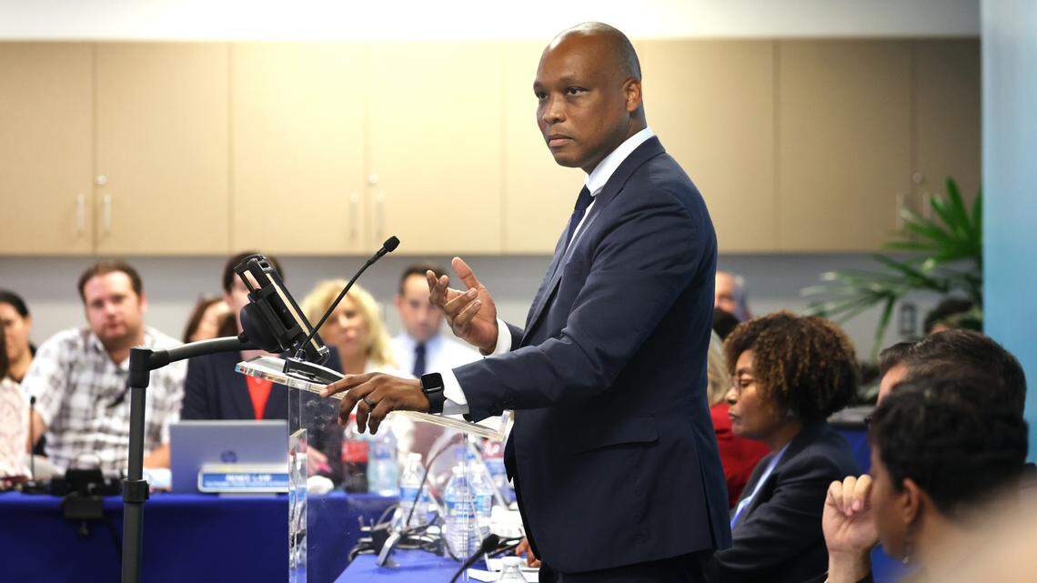 Broward College President Greg Haile speaks during a Board of Trustees meeting at Broward College south campus in Pembroke Pines on Tuesday, September 26, 2023. Haile submitted his resignation two weeks ago. (Carline Jean/South Florida Sun Sentinel)