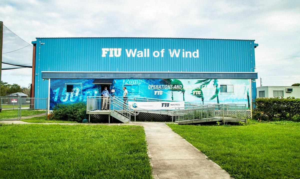 View of the Wall of Wind building at the International Hurricane Research Center in the College of Engineering & Computing in Miami.