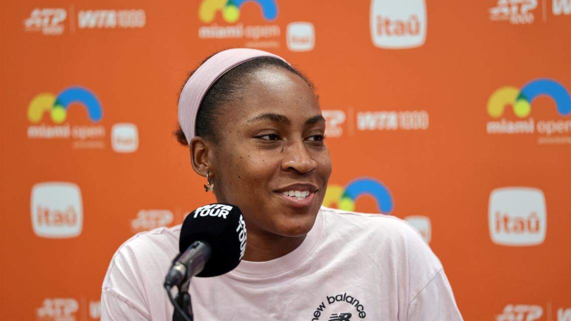 American tennis player Cori Dionne "Coco" Gauff gives her remarks as she took questions from members of the media at the Miami Open on Tuesday, March 17, 2026, in Miami Gardens, Florida.