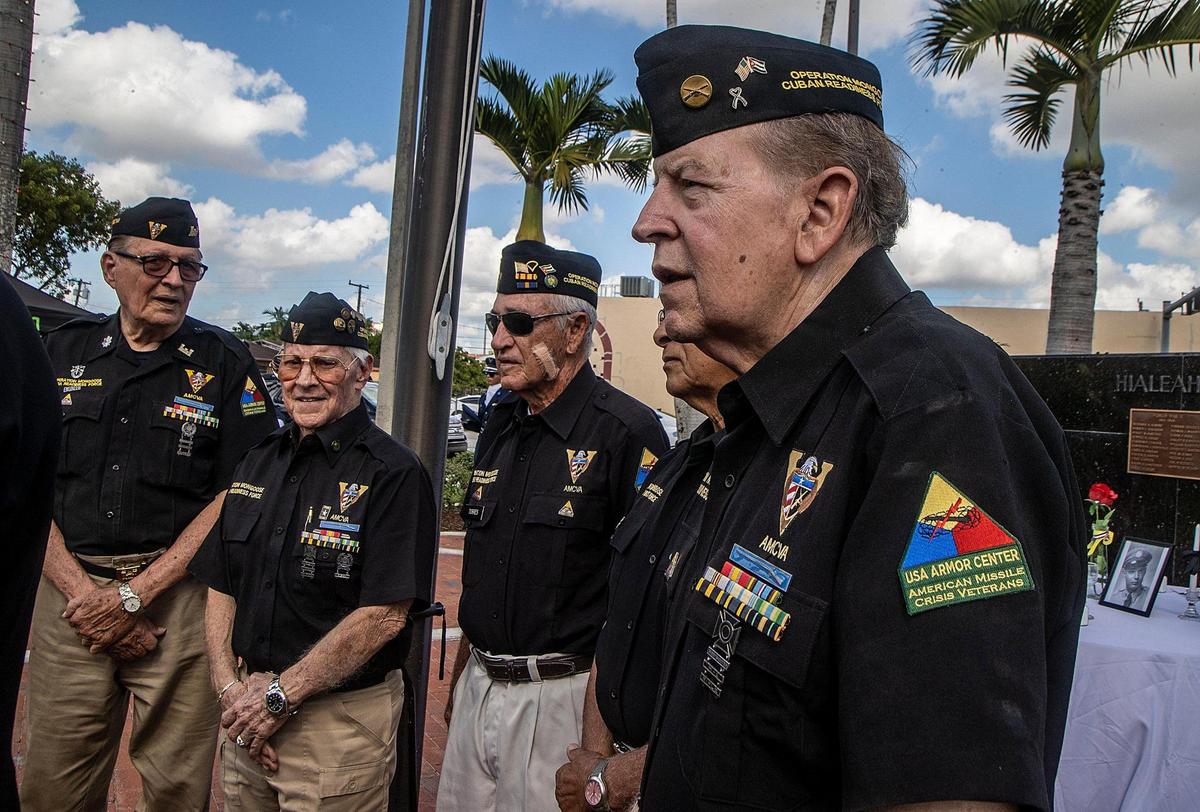 A group of Cuban-American U.S. Army veterans including Jorge Luis Rodriguez, right, attended the Veterans Day Ceremony hosted by the City of Hialeah at Veterans Park on Friday, Nov. 11, 2022.