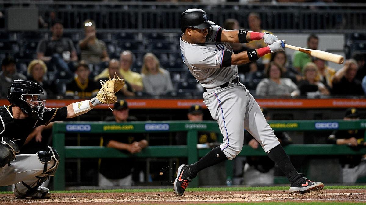 Starlin Castro #13 of the Miami Marlins hits a two run home run to center field in the fifth inning during the game against the Pittsburgh Pirates at PNC Park on September 4, 2019 in Pittsburgh, Pennsylvania.