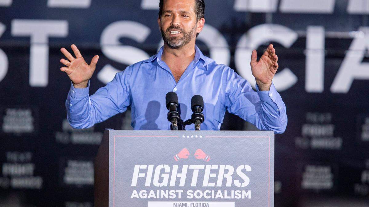 Donald Trump Jr. speaks at a ‘Fighters against Socialism’ event at the Wings Over Miami Museum in Miami, Florida, on Sunday, October 11, 2020.