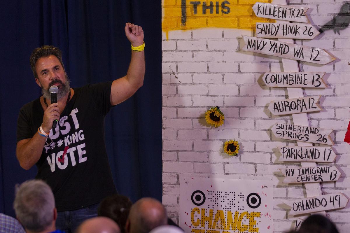 Manuel Oliver, the father of Joaquin Oliver who was killed during the Parkland shooting last February, speaks during a gun safety rally at the Coral Springs Museum of Art on Friday, October 5, 2018.