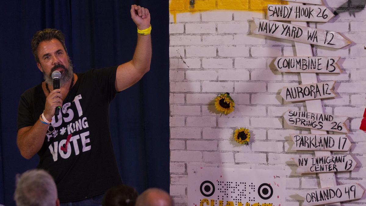 Manuel Oliver, the father of Joaquin Oliver who was killed during the Parkland shooting last February, speaks during a gun safety rally at the Coral Springs Museum of Art.