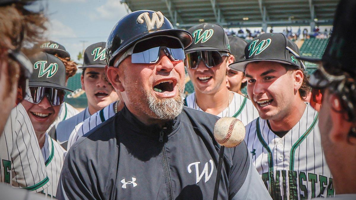 Westminster Christian School head coach Emil Castellanos celebrates with the team after the warriors defeat the Jacksonville Trinity Christian Conquerors during the FHSAA Baseball Class 3A State Semifinal at Hammond Stadium in Fort Myers, Florida on on Tuesday, May 21, 2024.